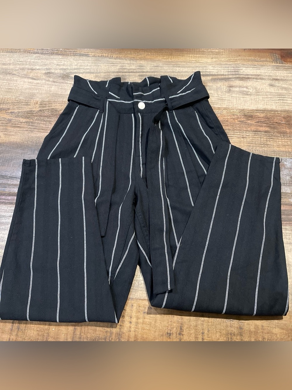 Who What Wear Black Pinstripe Wide-Leg Paperbag Pants